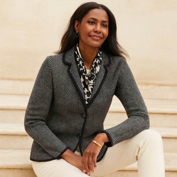 TALBOTS Merino Wool Herringbone Knit Blazer Cardigan Sweater Jacket M - Picture 1 of 8
